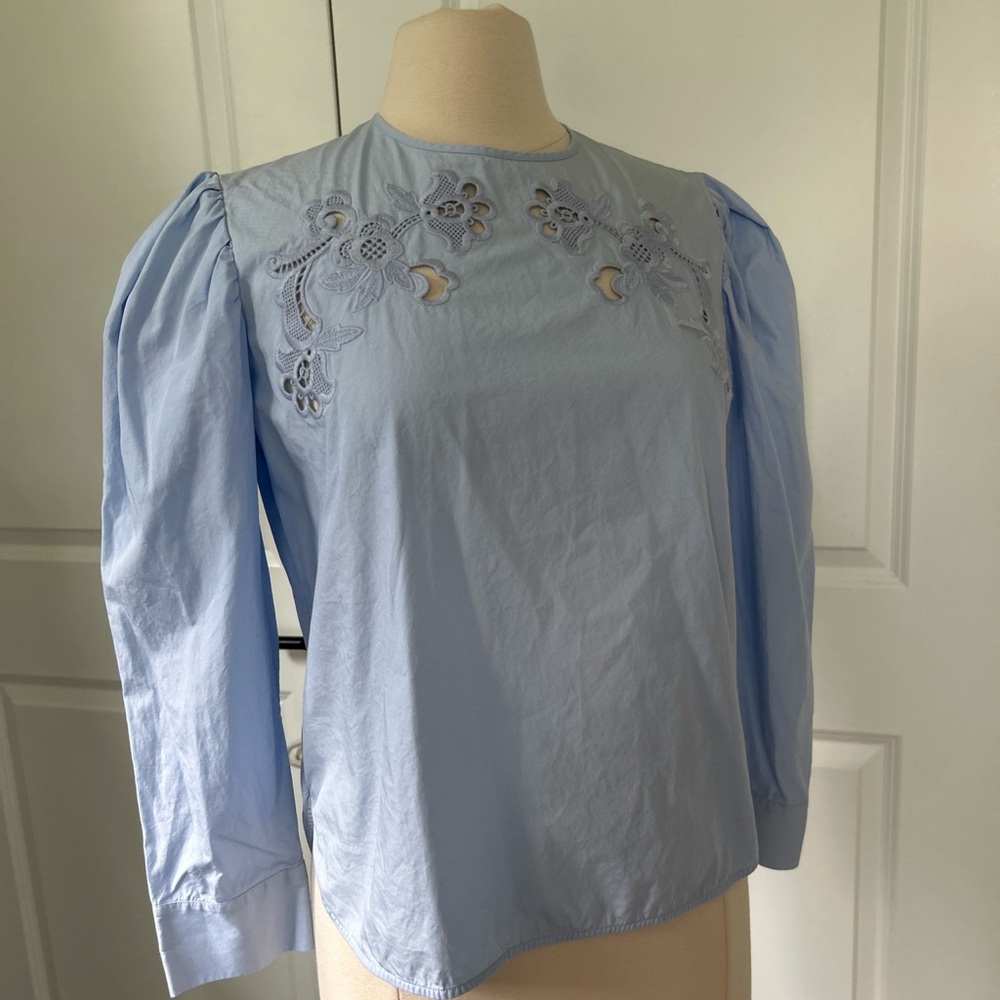 $350 SANDRO Paris size US 6 Puff Sleeve Embroidered Yoke Top Blouse
